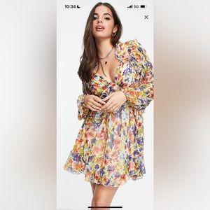 ASOS design ruffle mini dress in vintage floral with lace up back size 10 NWT